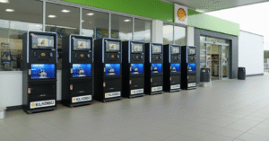 Máquinas Klin360 instaladas em fila em posto de combustível, prontas para higienização automatizada de capacetes.