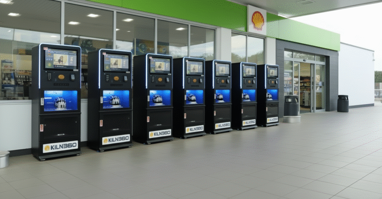 Máquinas Klin360 instaladas em fila em posto de combustível, prontas para higienização automatizada de capacetes.