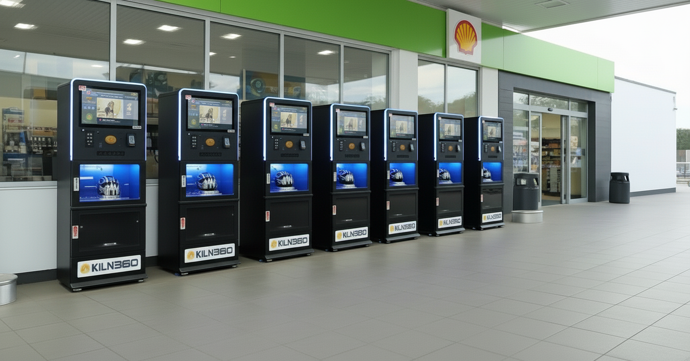 Máquinas Klin360 instaladas em fila em posto de combustível, prontas para higienização automatizada de capacetes.