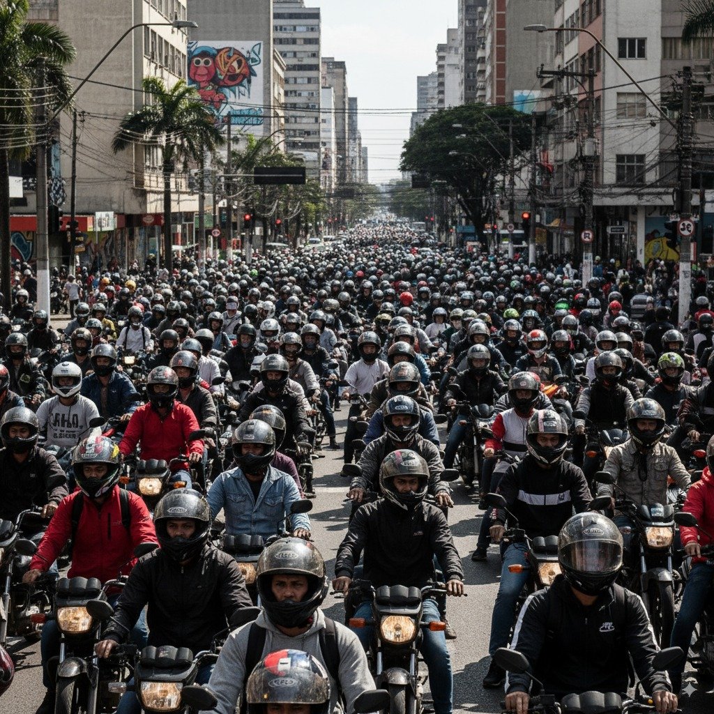 Avenida lotada de motociclistas usando capacetes, representando os milhões de capacetes em circulação diariamente no Brasil sem higienização adequada.